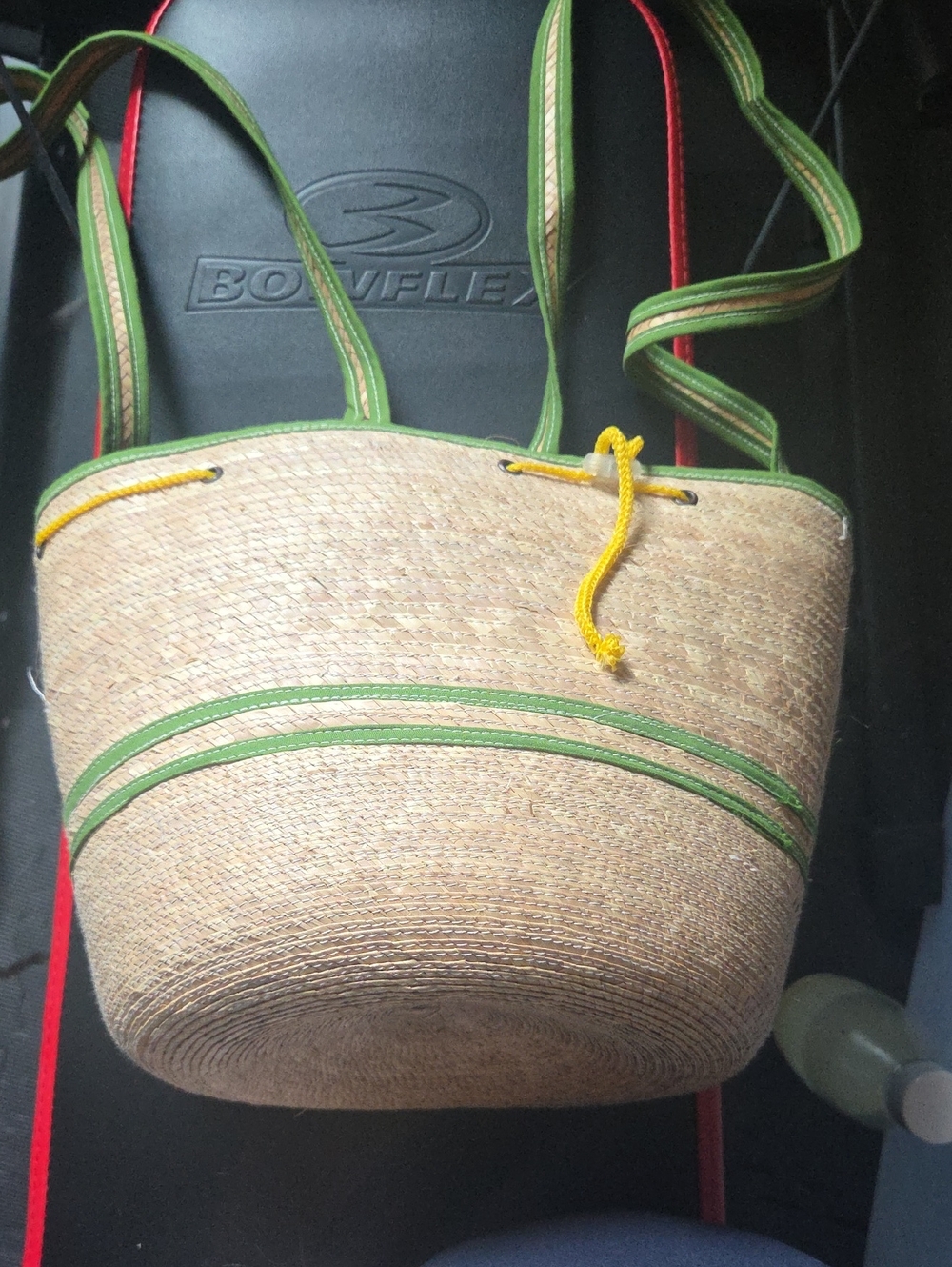 Boho Women’s Straw Tote Bag with Green Trim and Yellow Accent